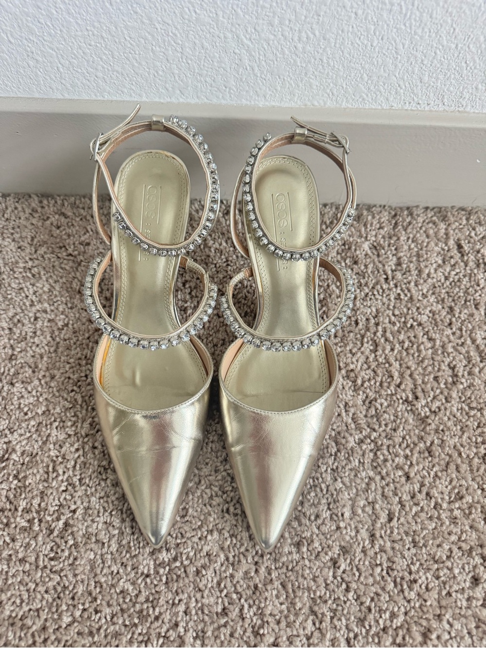 ASOS Women's Gold Pointed Toe Ankle-Strap Heels with Crystal Embellishment